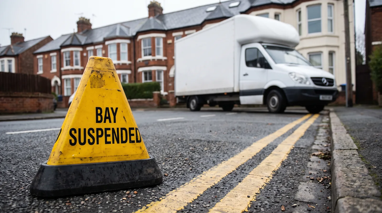 Bay suspended cone on the road beside double yellow lines with a removals van behind