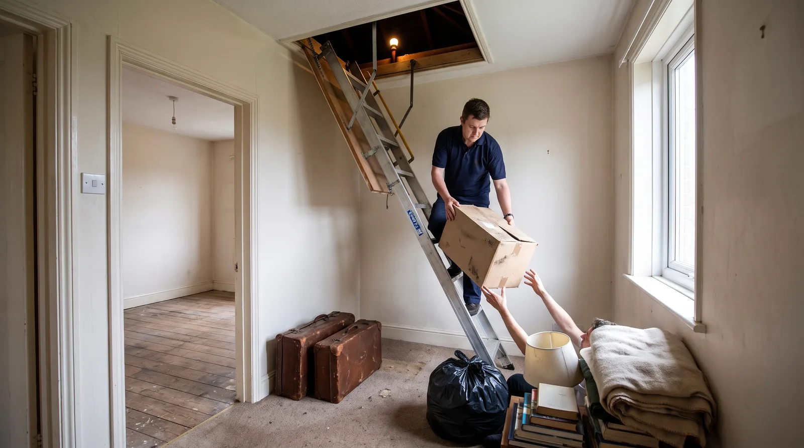 Boxes and suitcases being handed down from the loft at the end of a tenancy