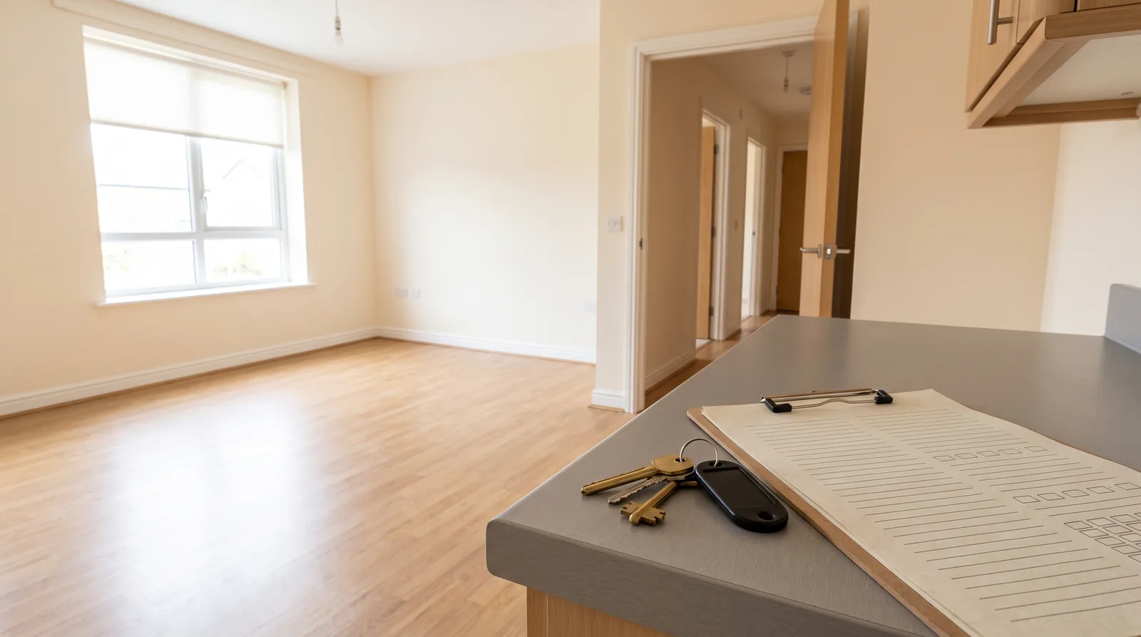 Keys and an inventory clipboard on the worktop of an empty rented flat ready for checkout