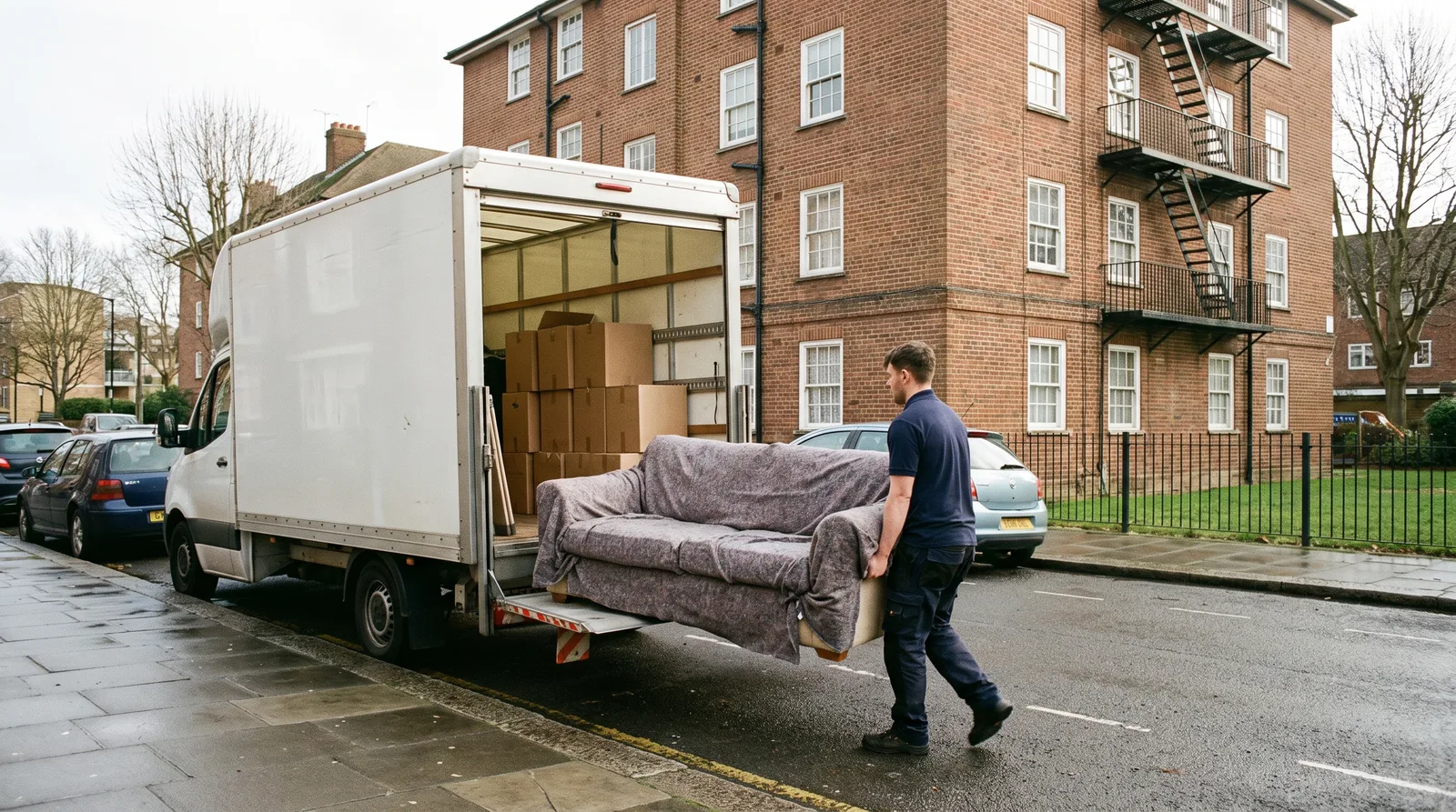 Mover carrying a blanket-wrapped sofa to the removals van outside a block of flats