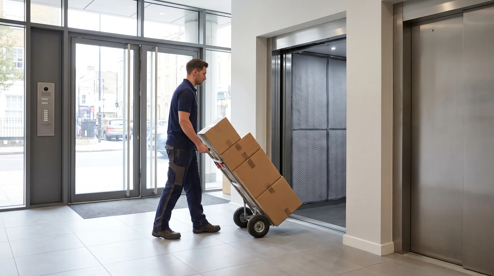Mover wheeling boxes across an apartment block lobby to a lift lined with protective panels