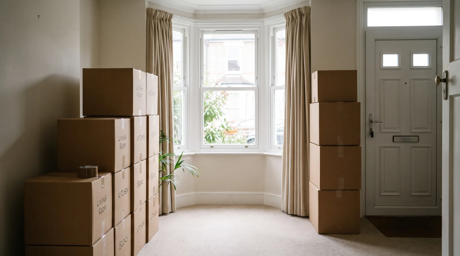 Sealed moving boxes labelled by room and stacked by the front door before moving day