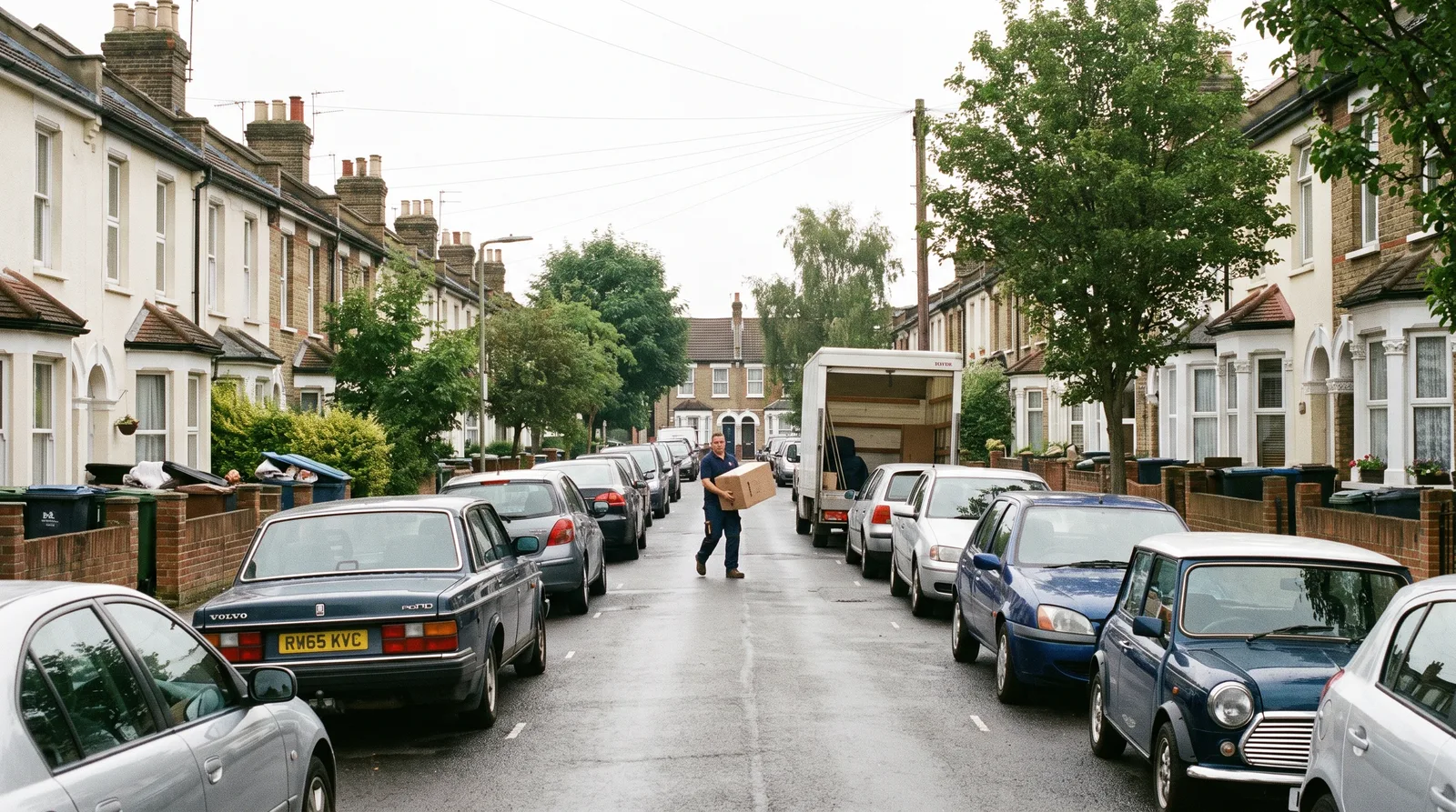 Removals van parked part way down a narrow terraced street with cars along both kerbs
