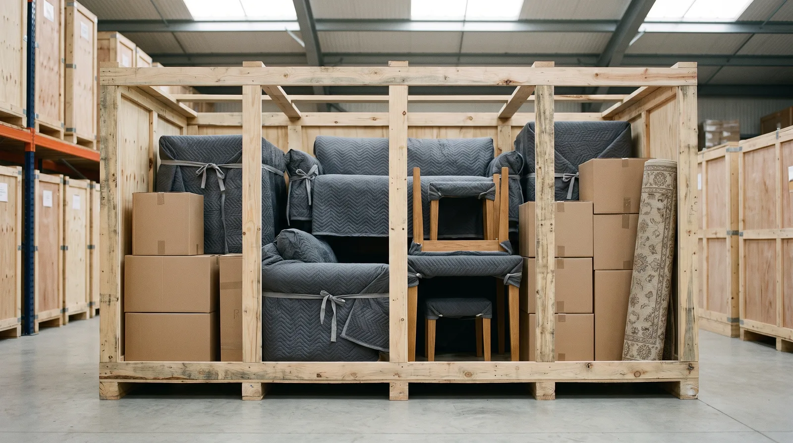 Timber storage crate packed with blanket-wrapped furniture and labelled boxes