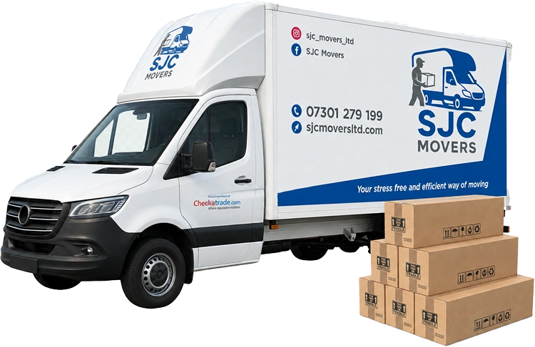 SJC Movers removals van in Carshalton